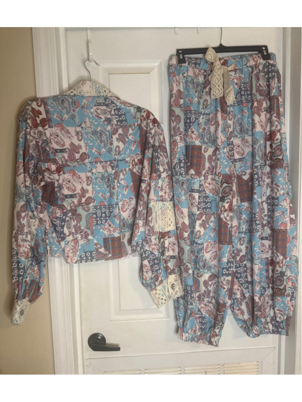 POL Blue & Pink Paisley Patchwork Wide Leg Pants Set S - Picture 3 of 6